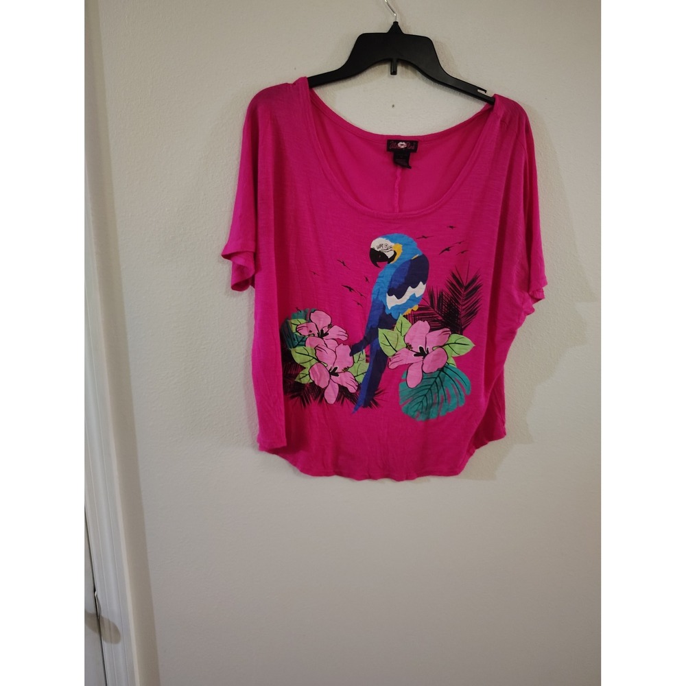 Ultra Flirt Womens Pink Tropical Parrot Hibiscus Graphic Tee Scoop Neck Medium